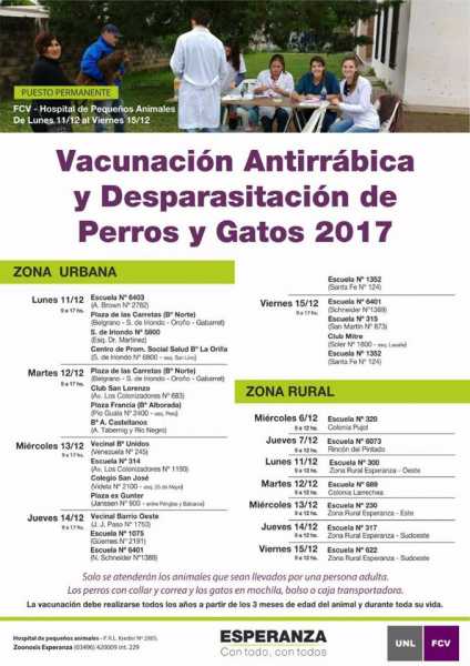 Comenzara en diciembre vacunación y desparasitación de perros y gatos en Esperanza