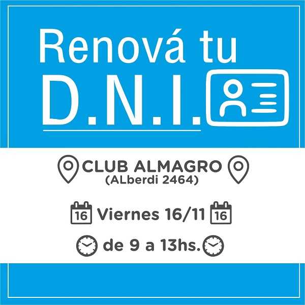 Nuevo Operativo de RENAPER. Será este viernes 16 de noviembre de 9 a 13 horas en el club Almagro (Alberdi 2464)