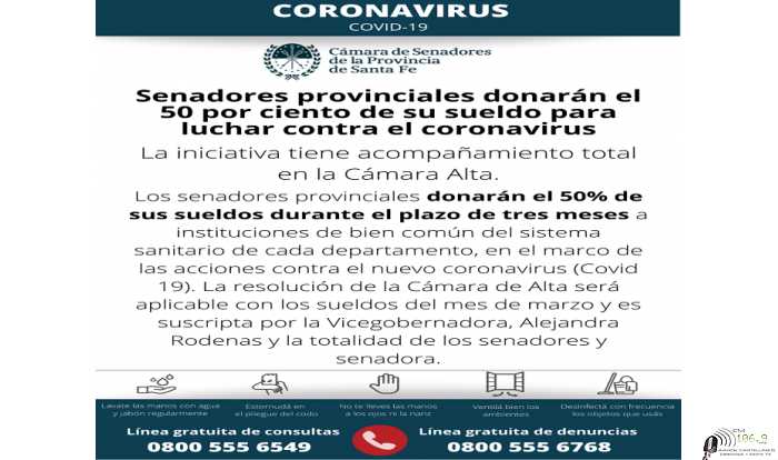 Senadores provinciales donarán el 50 por ciento de su sueldo para luchar contra el coronavirus