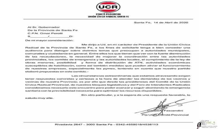 Carlos Fascendini como Presidente de la UCR solicitó una audiencia con Omar Perotti