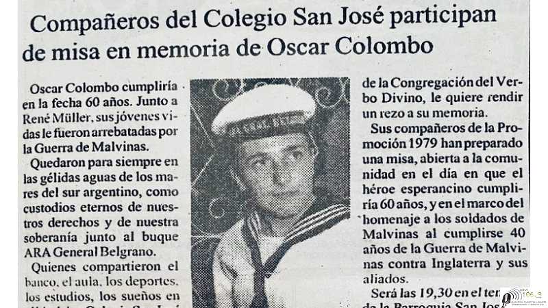 Hoy hubiera cumplido 60 años Oscar Colombo heroe de Malvinas en Capilla Col. San José se celebra una misa