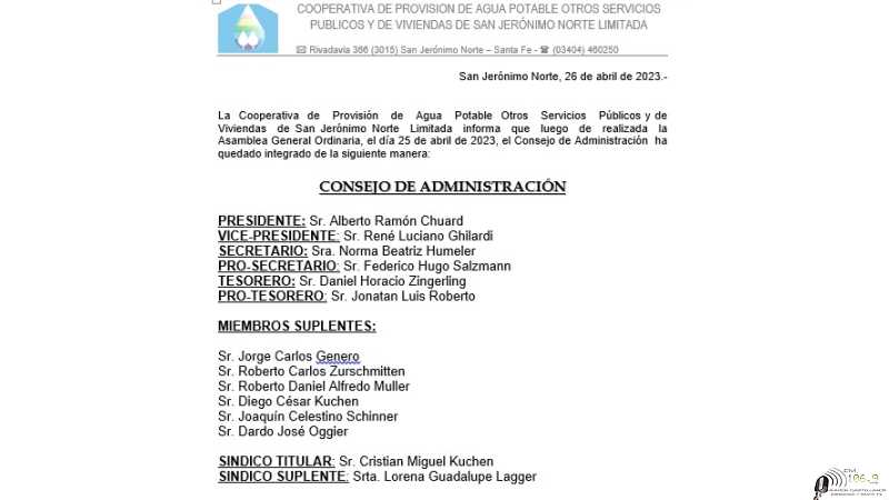 Cooperatva de Agua potable y otros servicios de San J. Norte renovaron autoridades