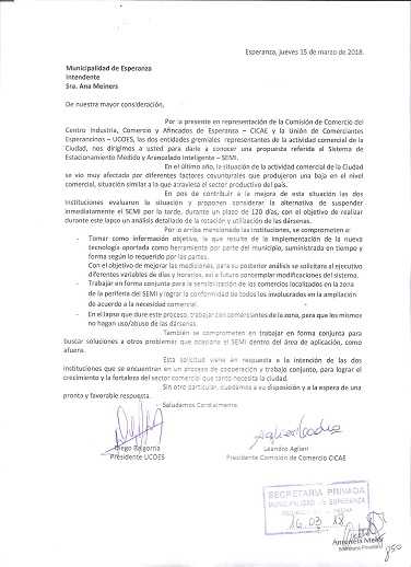 Nota entregada a la intendenta Municipal y al Concejo Deliberante entre CICAE y UCOES.