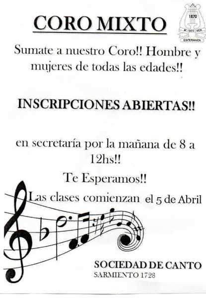 Invitan a compartir el Coro de la Sociedad de Canto