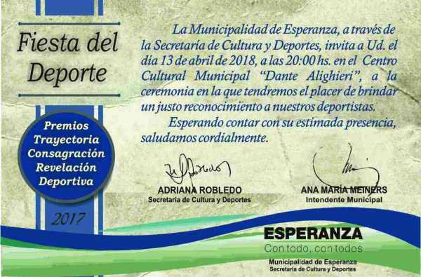 Este  viernes 13 abril  será el homenaje a los Deportistas Consagrados de Esperanza