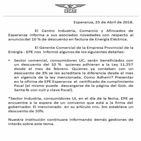 CICAE  informa que el Gobierno de Sta fe daria un descuento de un 10% a factura de energia electrica