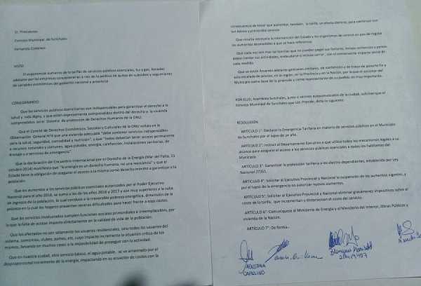 Asamblea Sunchales presento hoy en el Concejo Sunchales un petitorio para que se declare la Emergencia Tarifaria 