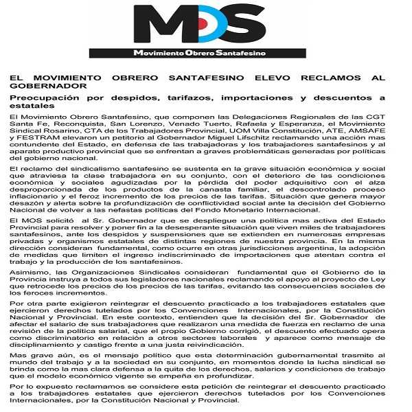 El Movimiento Obrero Santafesino le pidio reclamos al Gobernador
