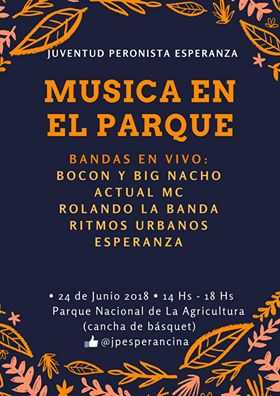 24 Junio Musica en el Parque de la Agricultura de 14 a 18 horas con 6 bandas