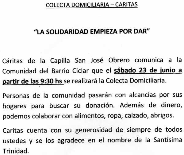 La solidadridad empieza por la caridad sabado 23 junio Colecta Capilla San José Obrero
