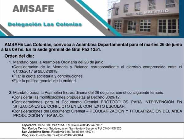 AMSAFE tendrá Asamblea Departamental el martes 26 de Junio 9,00 horas  en su sede