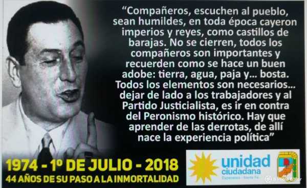 A 44 años de su paso a la inmortalidad de Juan D. Perón rendiran homenaje en Pje Juan D. Perón y.Ruta 70 a las 17:00 hs Esperanza