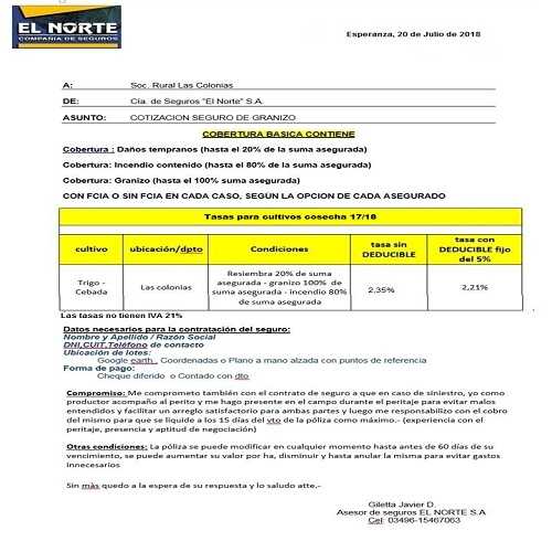 Soc Las Colonias solicita unirse a los productores por cobertura seguro contra granizos