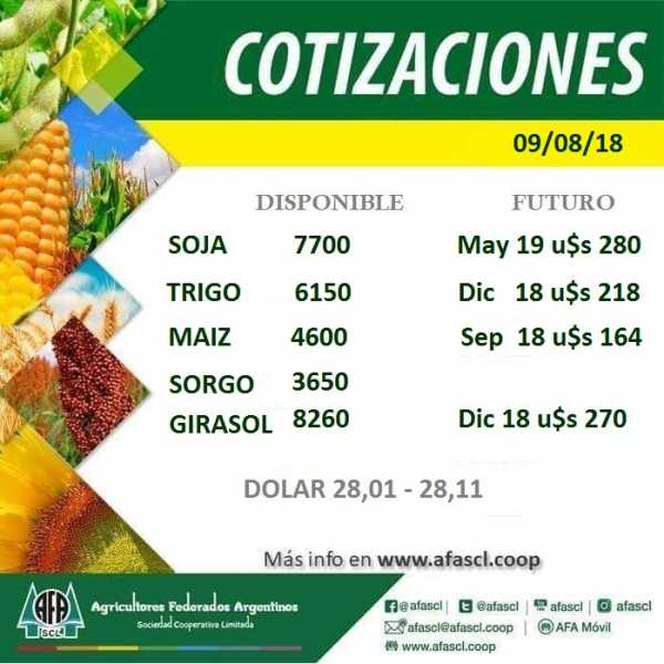 AFA Humboldt cotización granos  9/8/2018