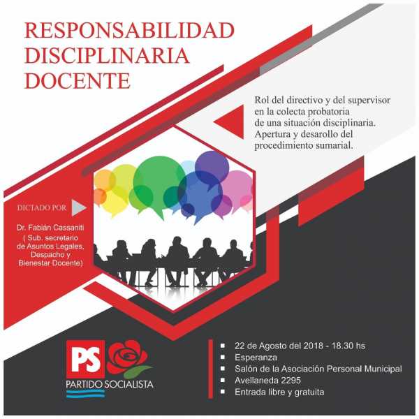 22 de agosto en el Salón de la Asoc. del Personal Municipal El PS Esperanza organiza una nueva charla para docentes y directivos