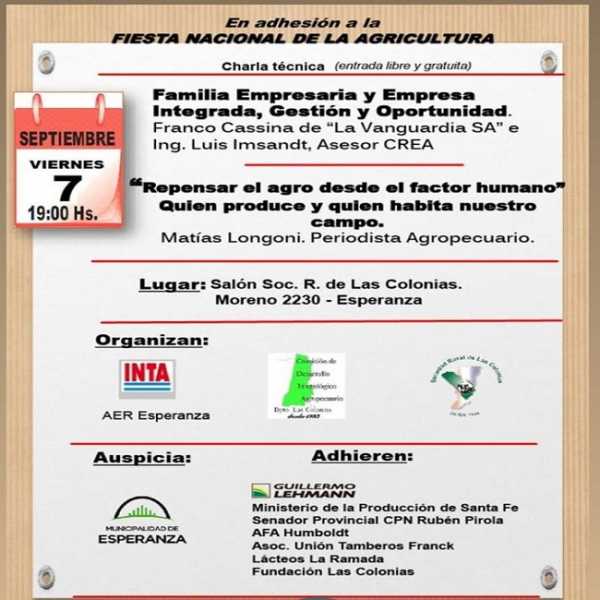 VIERNES 07 CHARLA TÉCNICA EN LA SOCIEDAD RURAL DE LAS COLONIAS