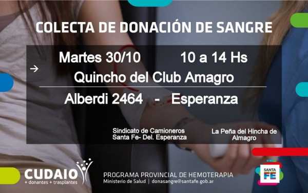 Martes 30 de 10 a 14 horas Colecta de Donación de Sangre en Quincho Club Almagro  organiza CUDAIO