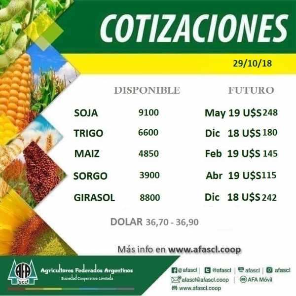 A.F.A  cotización precios de los granos 29/10/2018