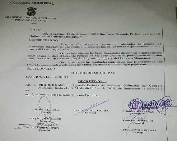 El Concejo Municipal de la Ciudad prorrogó las Sesiones Ordinarias hasta el 31 de diciembre de 2018