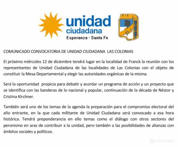 Miercoles 12 en Franck se reunen los representantes de Unidad Ciudadana del Dto Las Colonias