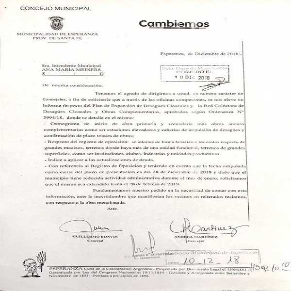 Concejales  Bonvin - Martinez pidieron informes a la Intendenta sobre plan desagues cloacales de la ciudad