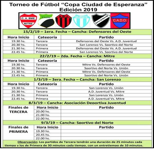     TORNEO “COPA CIUDAD DE ESPERANZA” viernes 15 de febrero, 19.30 hs. en Club Defensores de Oeste, dará inicio el Torneo de Tercera y Primera 