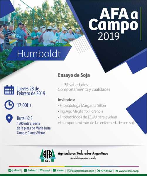 A.F.A Humboldt invita a ensayo de Soja en Maria Luisa jueves 28 de febrero