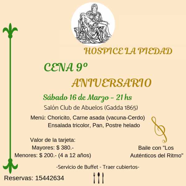 16 de Marzo Cena 9° aniversario Hospice La Piedad 