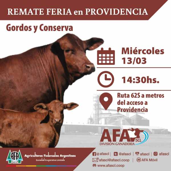 13 Marzo remate hacienda en Providencia organiza Agricultores Federados Argentinos