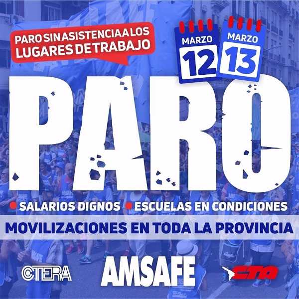 Paro de 48 horas de los docentes  La oferta oficial fue de 1.200 pesos a cuenta de la cláusula gatillo y desde Amsafé y Sadop consideraron que “es ofensivo” 