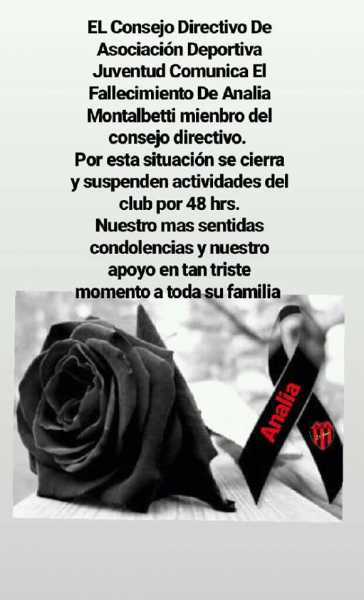 Asoc Dep Juv de duelo ante la muerte de Analia Montalbetti