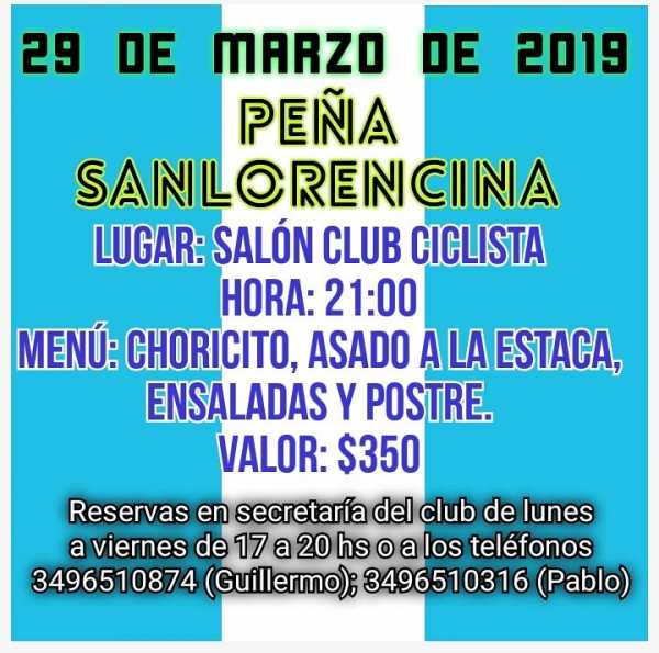Invitan a participar en la Peña de San Lorenzo de Esperanza para el 29 de Marzo