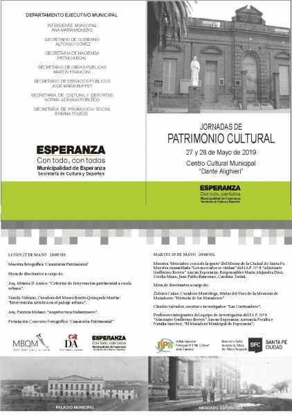 Lunes 27 y martes 28 Jornadas de Patrimonios Cultural en el Dante de Esperanza