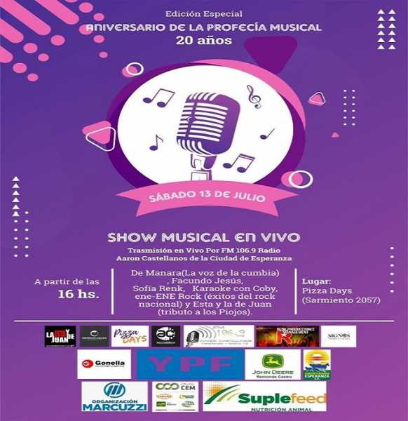 Sábado desde las 16 Hs Transmisión Central 20 Años de “La Profesía Musical” junto a Pablo Stegmayer y Flavio Fumero en directo desde “Pizza Days” 