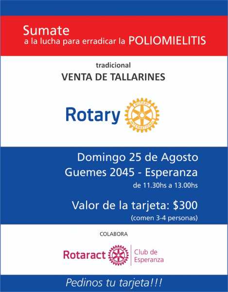 El próximo domingo 25 de Agosto se concretará una nueva Tallarinada Rotaria.