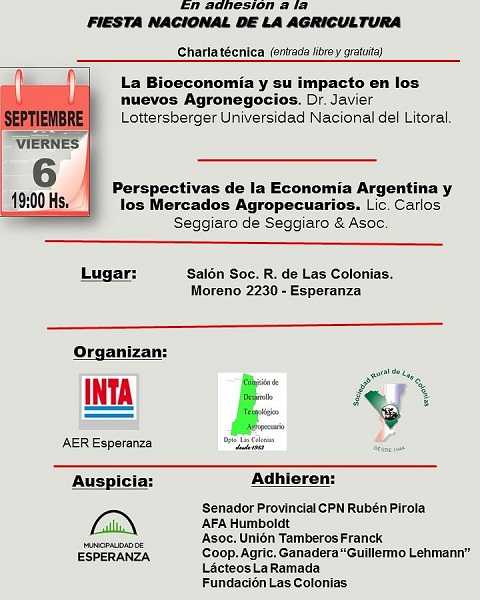 VIERNES 6 SEP Soc Rural Las Colonias Como todos los años las tradicionales charlas en adhesión a la Fiesta Nacional de la Agricultura
