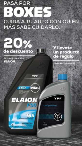  En BOXES (lubricentro) YPF, con el cambio de aceite con ELAION, Sintetico y Semi-sintetico de 4 litros tenés beneficios mira y gana