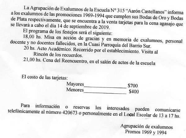 Ex alumnos Escuela N°315  1969 ORO - 1994 PLATA serán agasajados el 14 Sep 2019, jueves 29 reunión en escuela organización