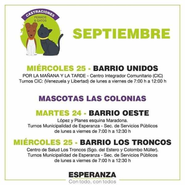 Martes y Miercoles castraciones de perros y gatos ver lugares de tratamientos
