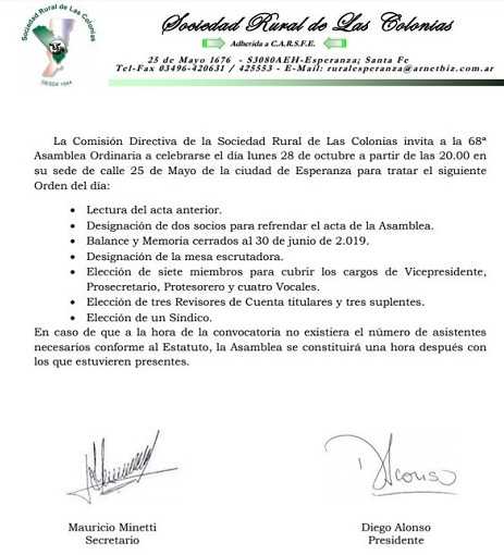 28 de Octubre Asamblea Sociedad Rural Las Colonias