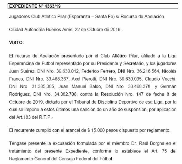 DURO REVÉS PARA EL TRIBUNAL DE DISCIPLINA DE LIGA ESPERANCINA TRAS UNA APELACIÓN DE ATLETICO PILAR, EL CONSEJO FEDERAL MODIFICÓ UNA DURA PENA PARA 7 DE SUS JUGADORES Y PODRÁN JUGAR EN 2020