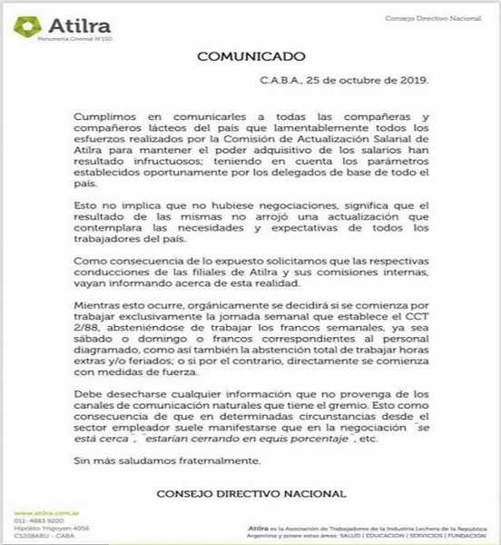 ATILRA dio un comunicado a sus afiliados 