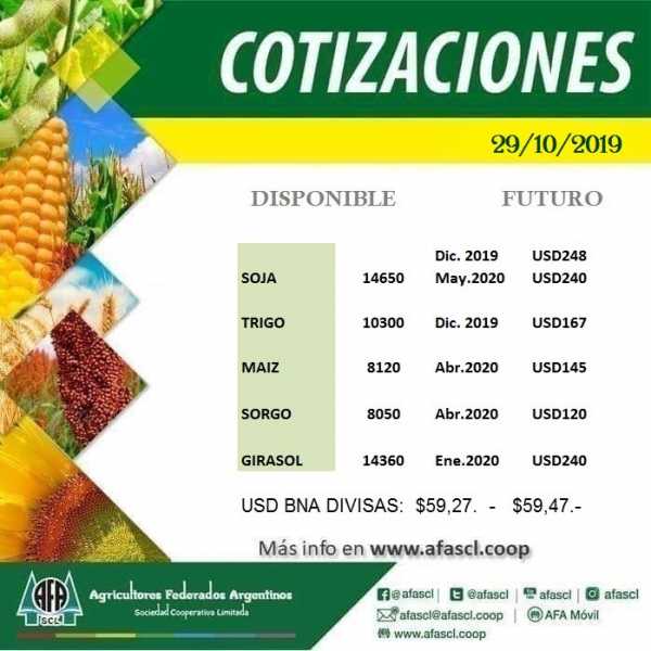 AFA Humboldt cotización granos  29 / 10 /2019