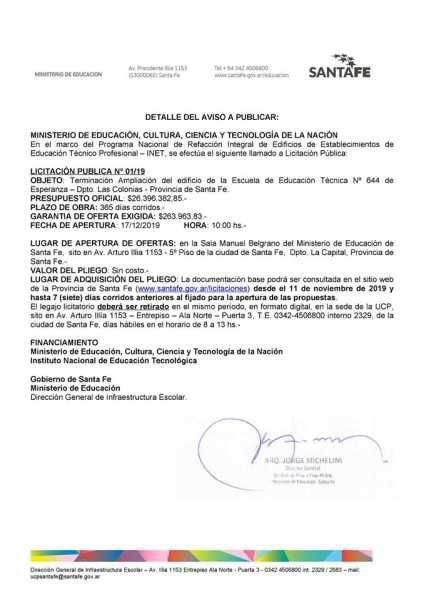 Fascendini anunció la terminación de la obra en la Escuela de Educación Técnica N° 644 