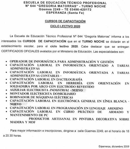 Escuela Gregoria Matorras turno noche ofrece cursos de capacitación  Importante anuncio para el 2020