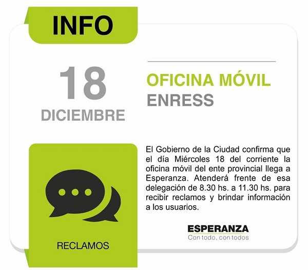 Este miercoles 18 Movil de ENRESS en Esperanza