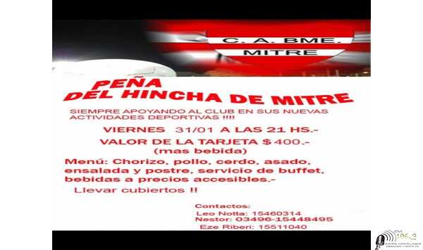 Peña del  hincha del Club Bme Mitre invitan para el 31/1