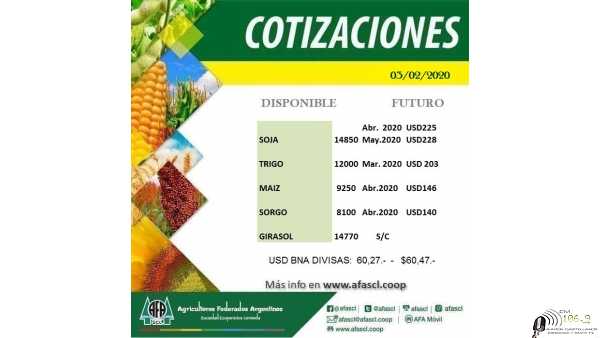 AFA Humboldt cotización granos  3 / 2 /2020 y remate Feria en Providencia 12/2