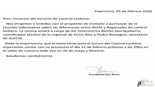 12 Febrero Sociedad Rural Las Colonias invitan a esta charla para el dia 12 de Febrero 2020 en su sede