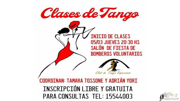 Club de Tango Esperanza comienza clases de Tango 5/3/2020 20,30 en Bomberos Coordinan: Tamara Tossone y Adrián Yori.